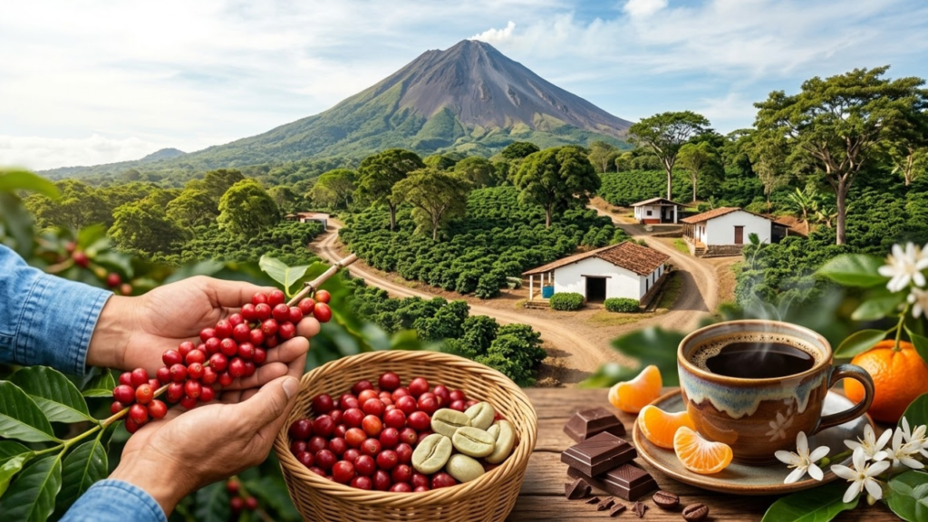 エルサルバドルの火山を背景に、シェードグロウン農園で収穫された真っ赤なチェリーと大粒のパカマラ生豆、そしてチョコレートやフルーツの風味が漂うコーヒーカップを組み合わせた、魅力的なアイキャッチ画像。